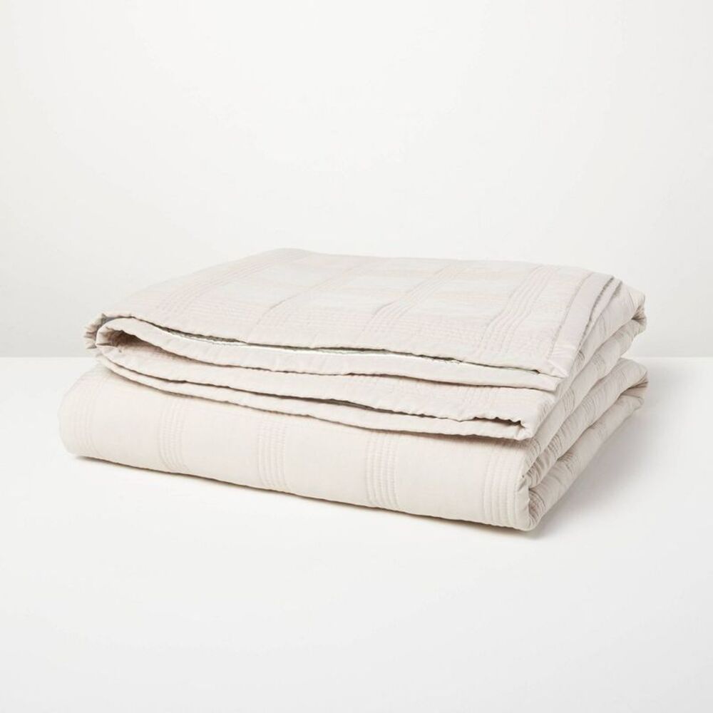 Open Box - King Grid Stitched Quilt Taupe/Green/Cream - Heart Taupe/Green/Cream - Picture 2 of 3